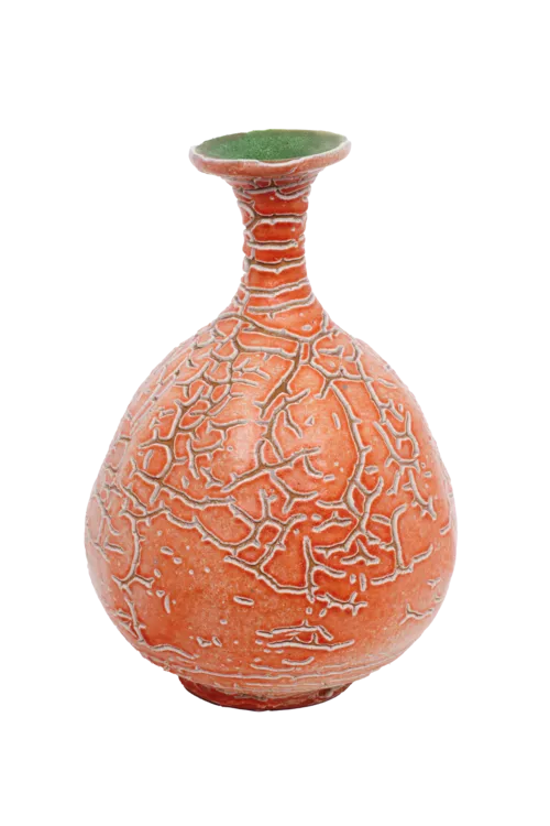 Narancssárga mázas, repesztett felületű kerámia váza